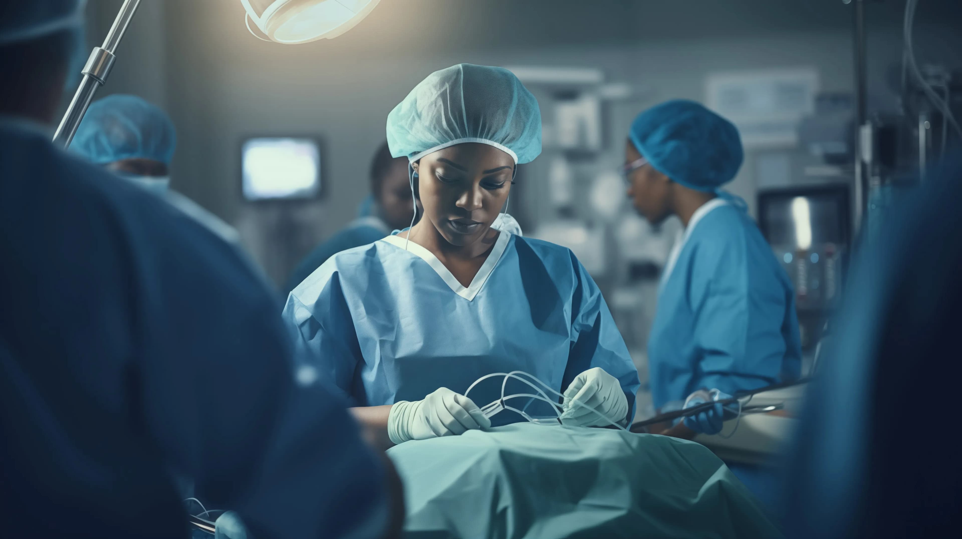 A Black woman operating a patient in a hospital surgery room